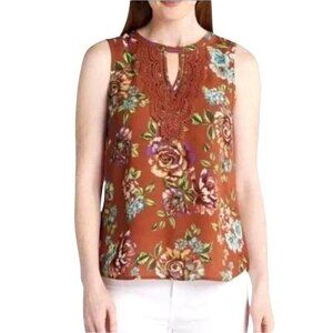 Daniel Rainn Shirt Women XXL Burnt Orange Floral Keyhole‎ Neck Crochet Top NWT